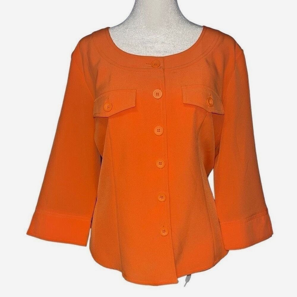 Cathy Che Orange Stretch Button Front 3/4 Sleeve Blouse Flap Pockets Size 14